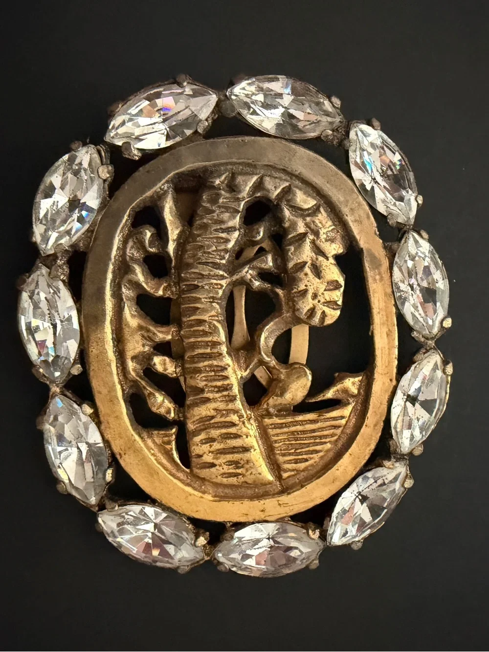 Vintage Egyptian Revival Rhinestone Dress Clip Sphinx Palm Tree Art Deco Style